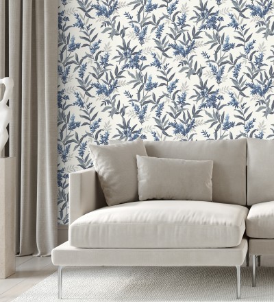 Papel pintado floral con hojas y ramas elegantes con tonos azules Lily Garden 683579