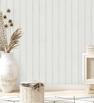 Papel pintado imitación madera color blanco con efecto listones Daimiel Boards 683585