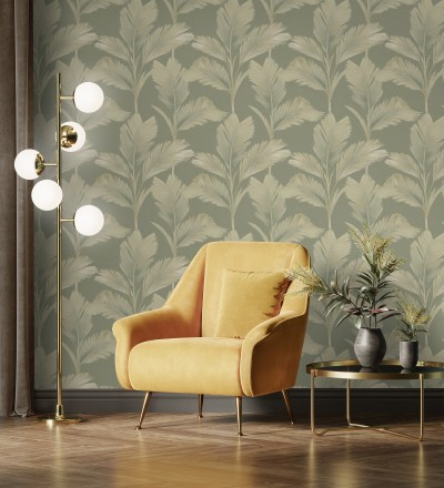 Papel pintado hojas de palma tropical color beige sobre fondo verde mate Areca 683586