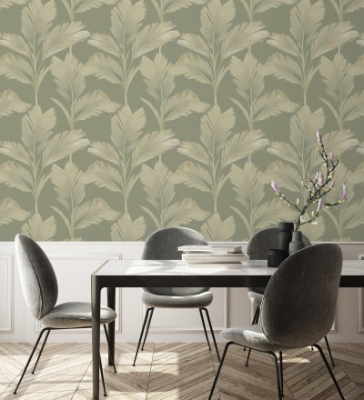 Papel pintado hojas de palma tropical color beige sobre fondo verde mate Areca 683586