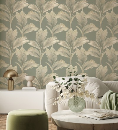 Papel pintado hojas de palma tropical color beige sobre fondo verde mate Areca 683586