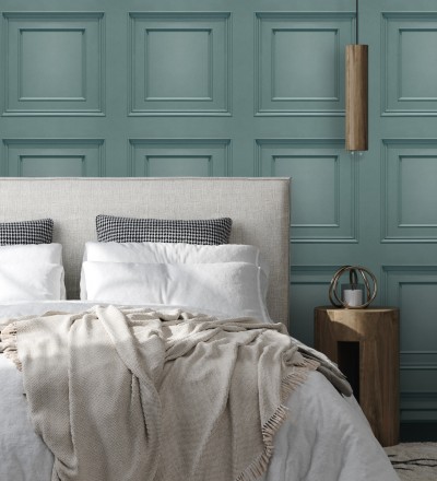 Papel pintado con efecto visual de casetones de madera color turquesa sin relieve Hampton Frame 683591