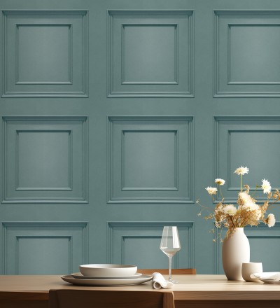 Papel pintado con efecto visual de casetones de madera color turquesa sin relieve Hampton Frame 683591