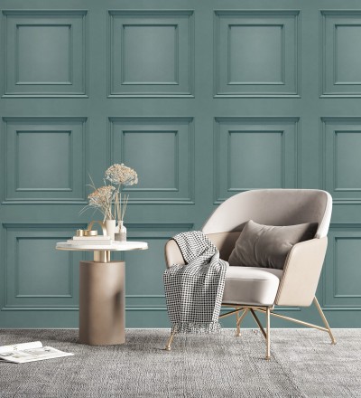 Papel pintado con efecto visual de casetones de madera color turquesa sin relieve Hampton Frame 683591