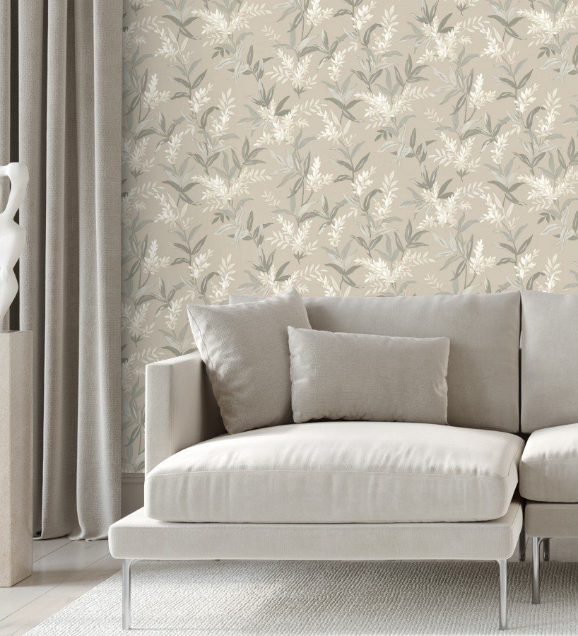 Papel pintado floral con hojas y ramas elegantes con tonos beige  Lily Garden 683582