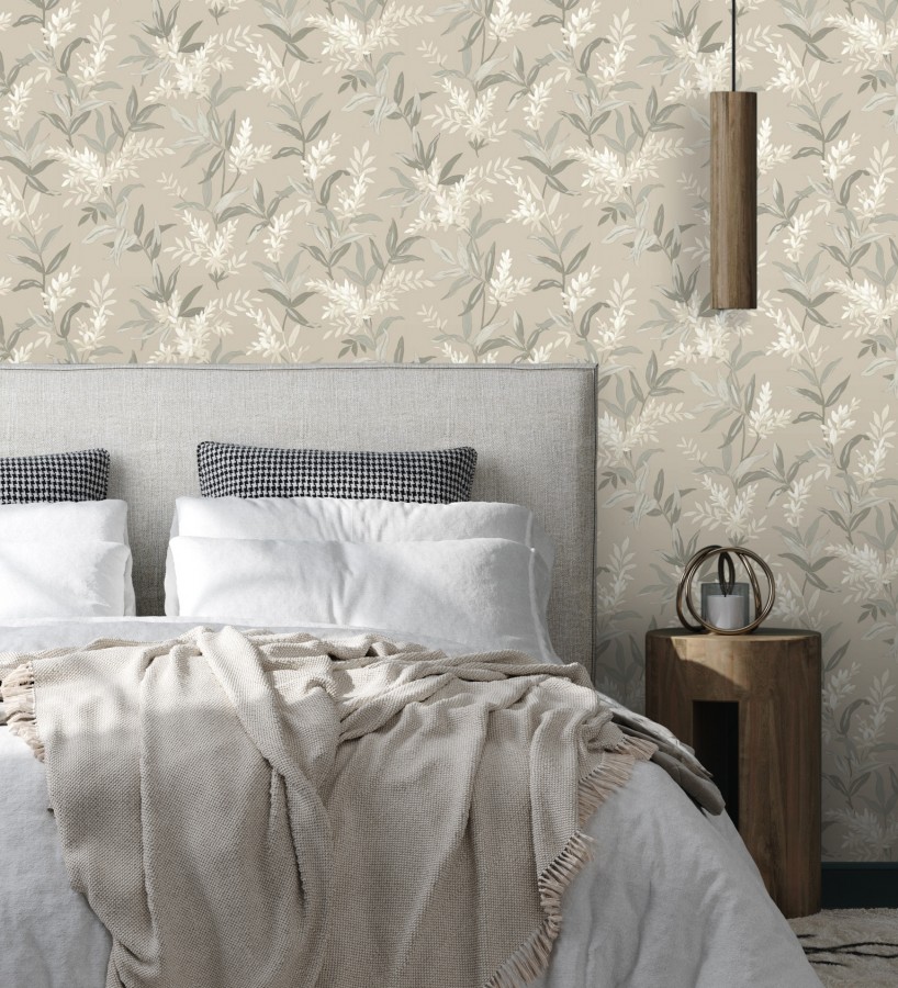 Papel pintado floral con hojas y ramas elegantes con tonos beige  Lily Garden 683582