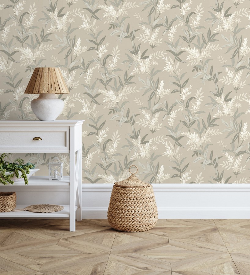 Papel pintado floral con hojas y ramas elegantes con tonos beige  Lily Garden 683582