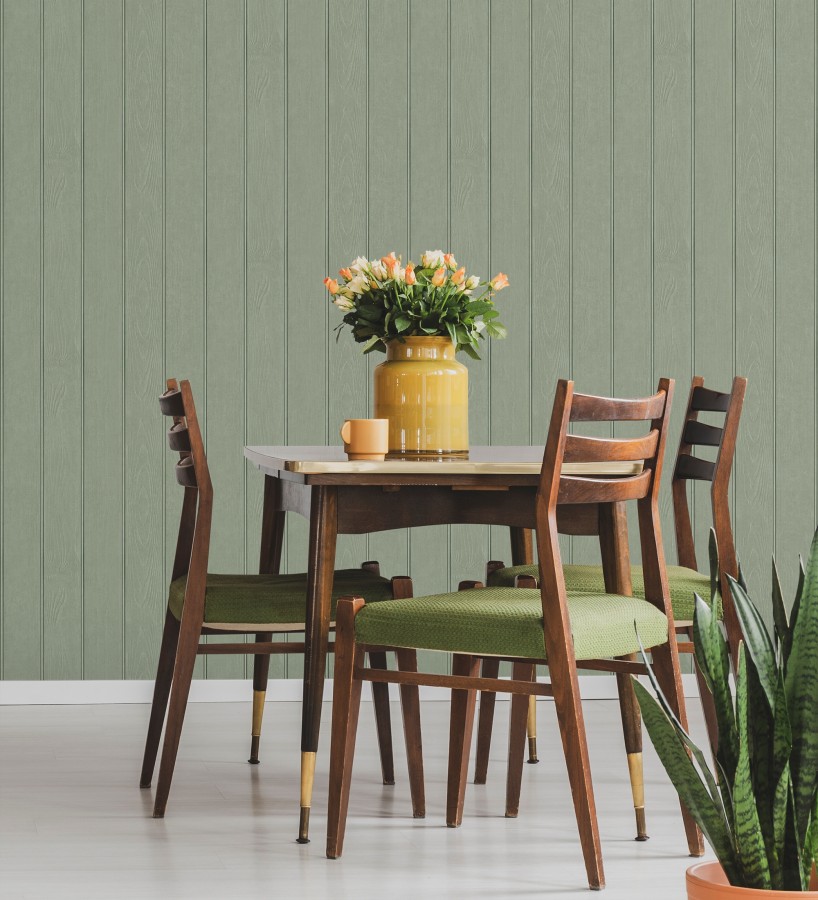 Papel pintado imitación madera color verde con efecto listones  Daimiel Boards 683583