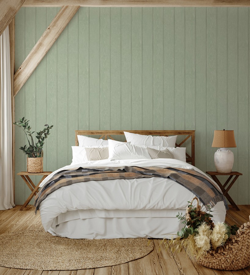 Papel pintado imitación madera color verde con efecto listones  Daimiel Boards 683583