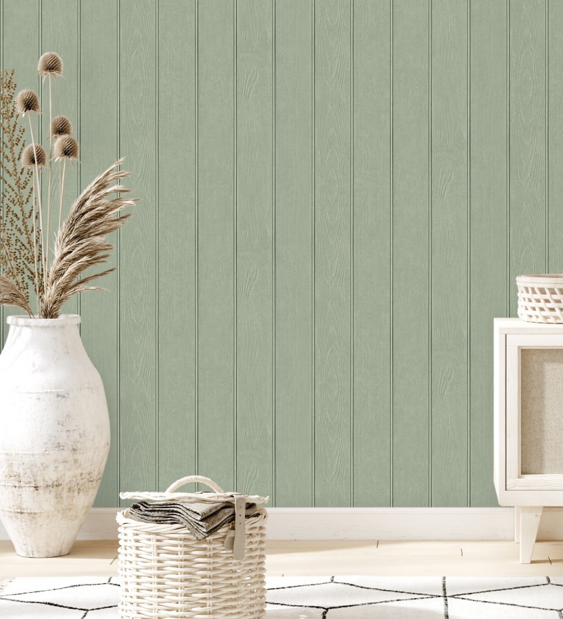 Papel pintado imitación madera color verde con efecto listones  Daimiel Boards 683583