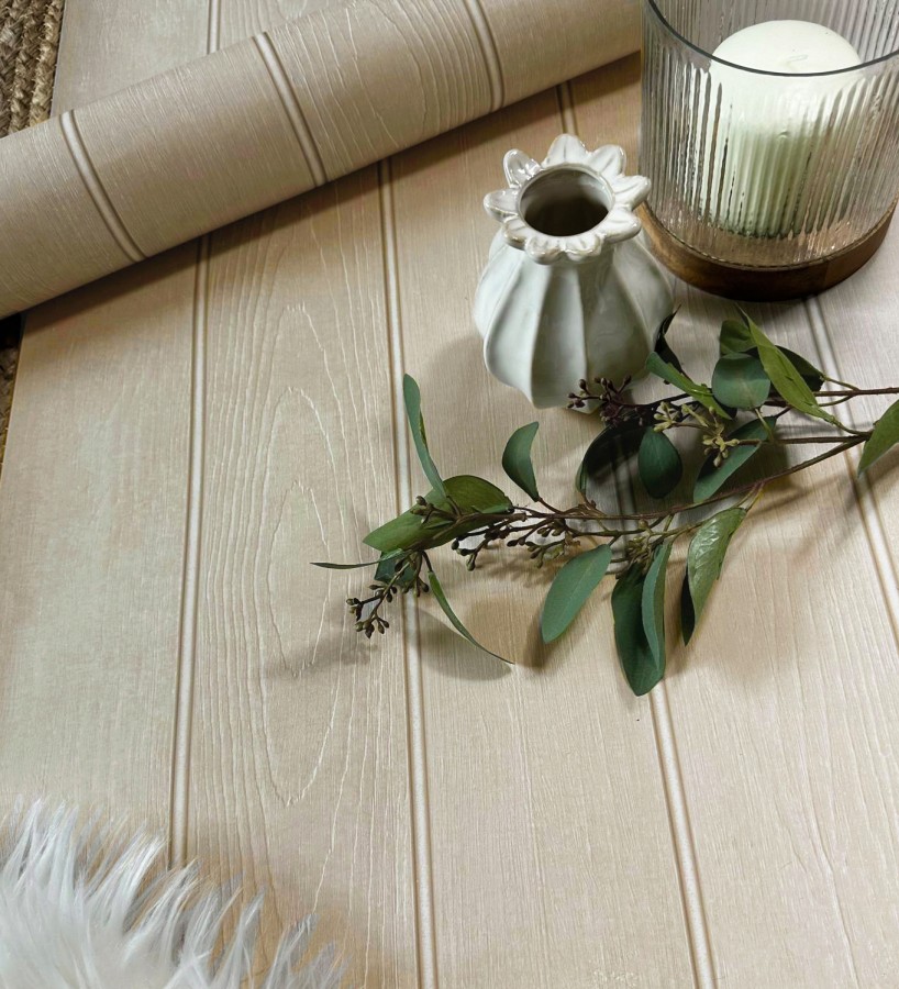 Papel pintado imitación madera color beige con efecto listones  Daimiel Boards 683584