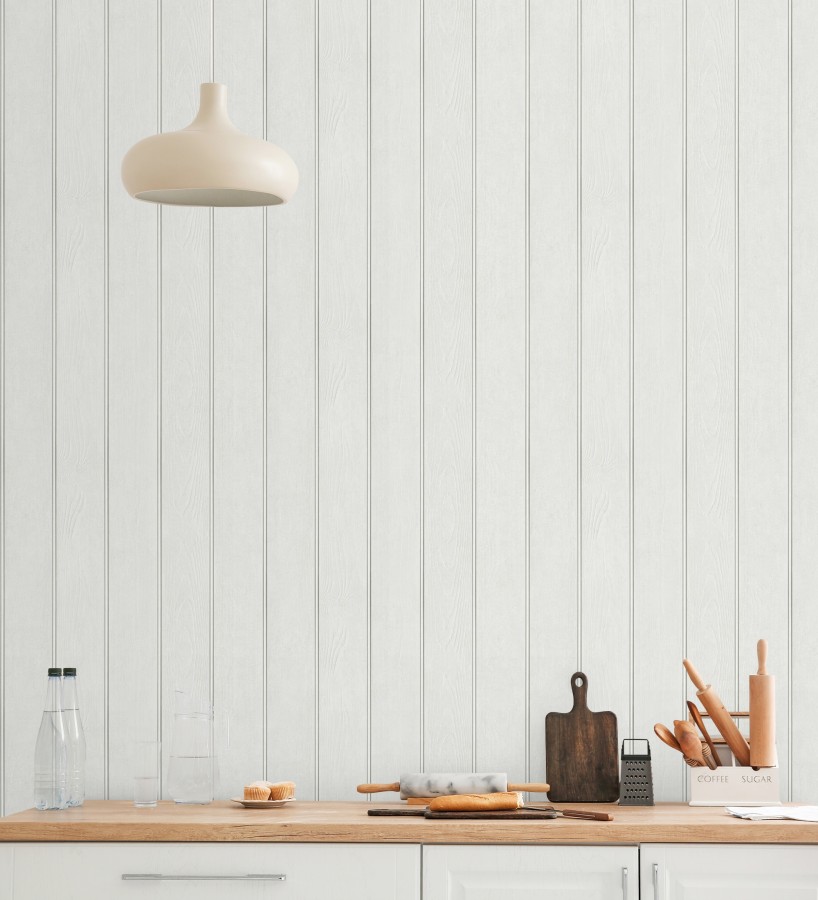 Papel pintado imitación madera color blanco con efecto listones  Daimiel Boards 683585