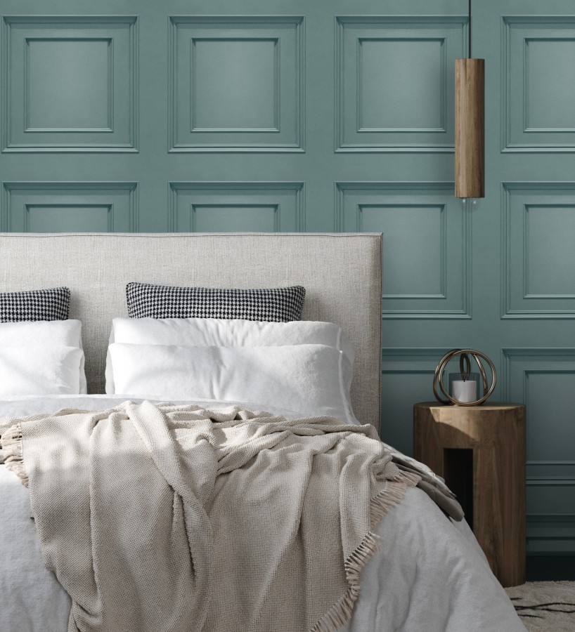 Papel pintado con efecto visual de casetones de madera color turquesa sin relieve  Hampton Frame 683591