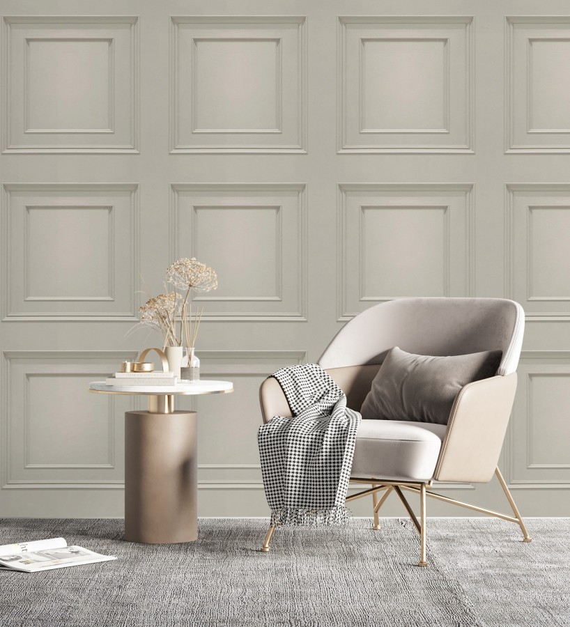 Papel pintado con efecto visual de casetones de madera color beige sin relieve  Hampton Frame 683594