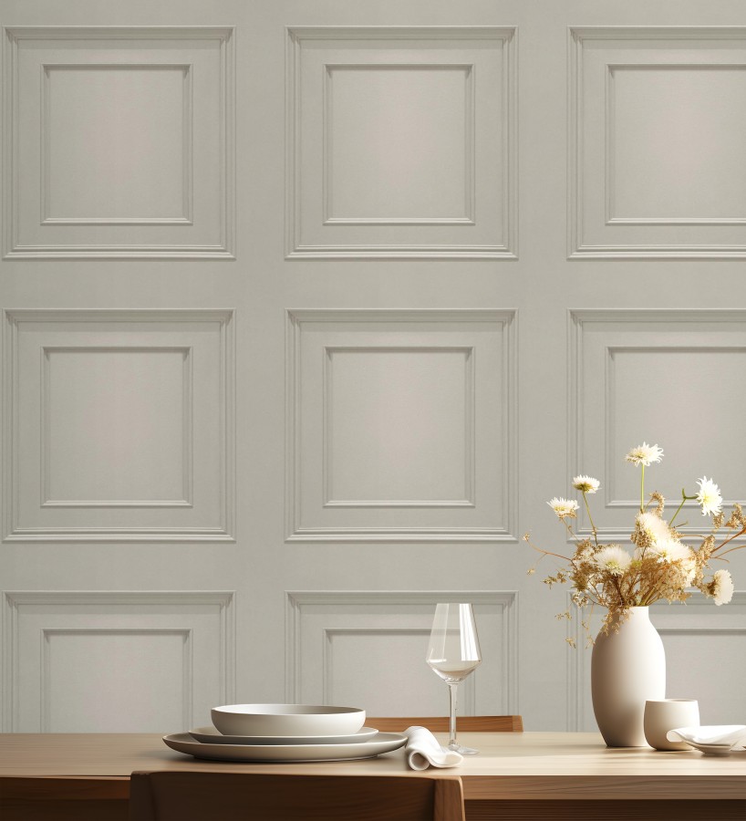 Papel pintado con efecto visual de casetones de madera color beige sin relieve  Hampton Frame 683594