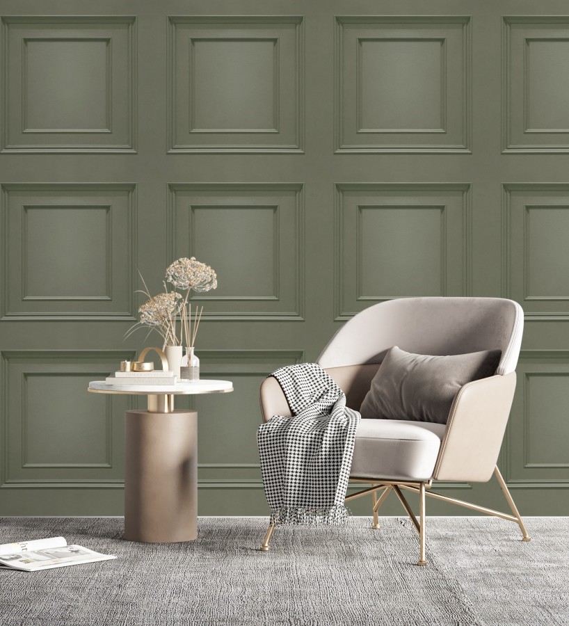 Papel pintado con efecto visual de casetones de madera color verde caqui sin relieve  Hampton Frame 683595