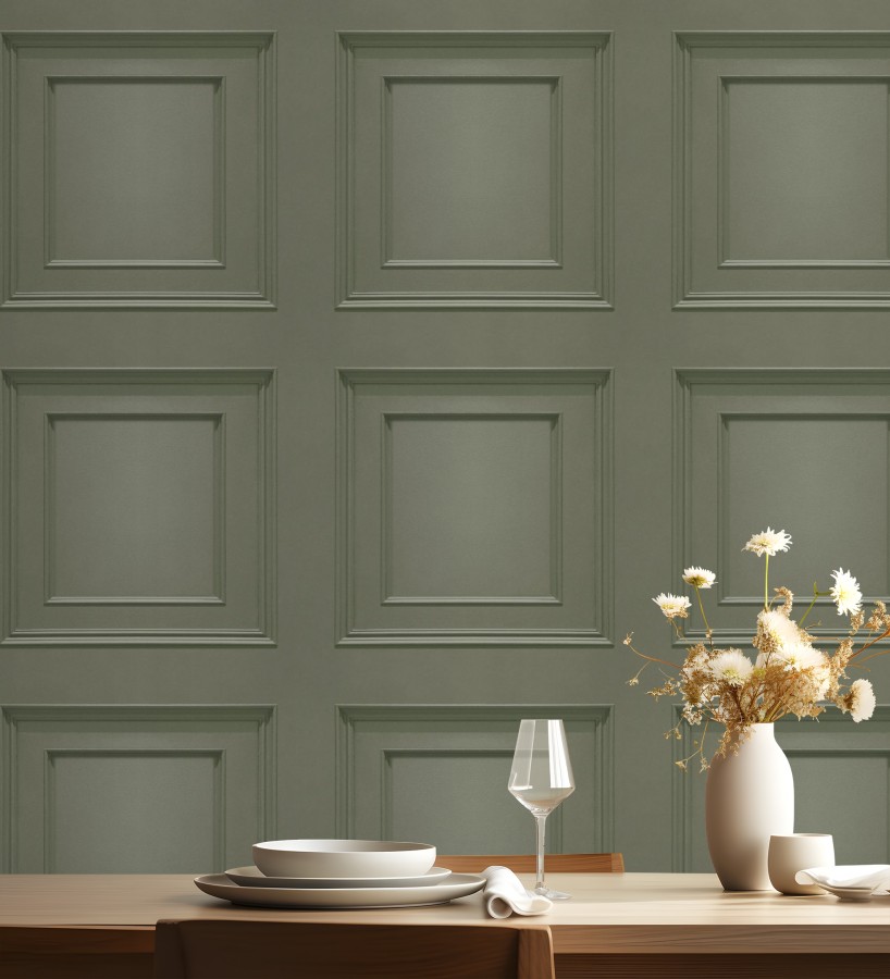 Papel pintado con efecto visual de casetones de madera color verde caqui sin relieve  Hampton Frame 683595