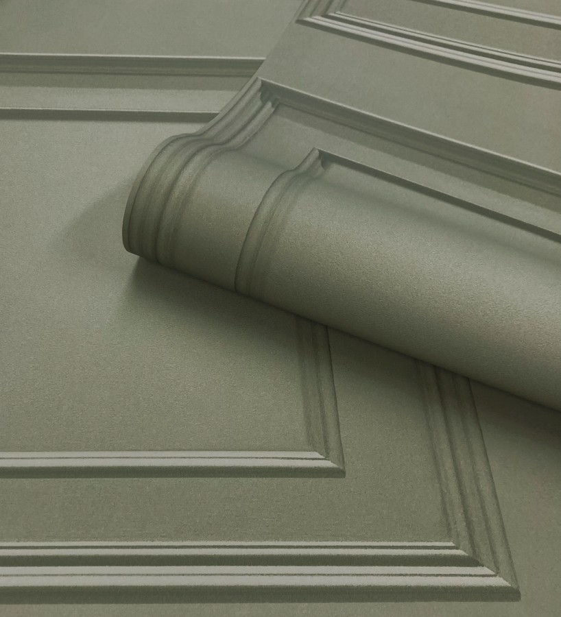 Papel pintado con efecto visual de casetones de madera color verde caqui sin relieve  Hampton Frame 683595
