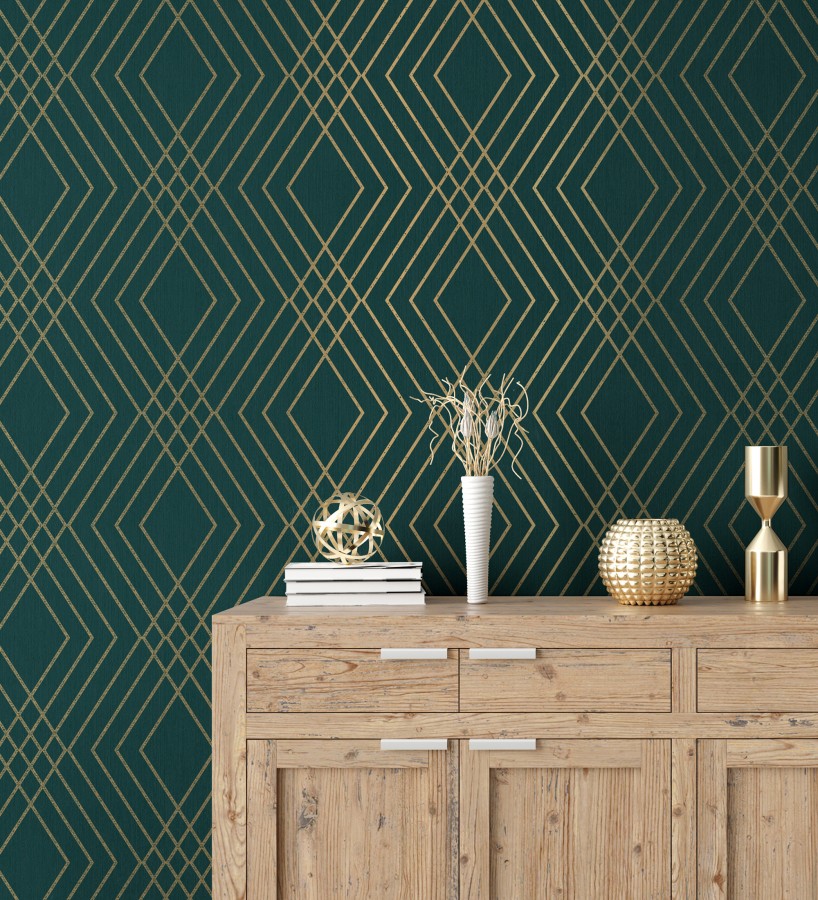Papel pintado geométrico art déco fondo verde esmeralda con líneas doradas  Clark Modern 683541