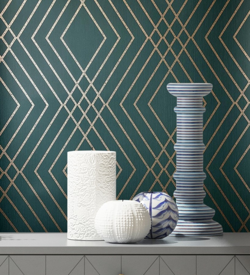 Papel pintado geométrico art déco fondo verde esmeralda con líneas doradas  Clark Modern 683541