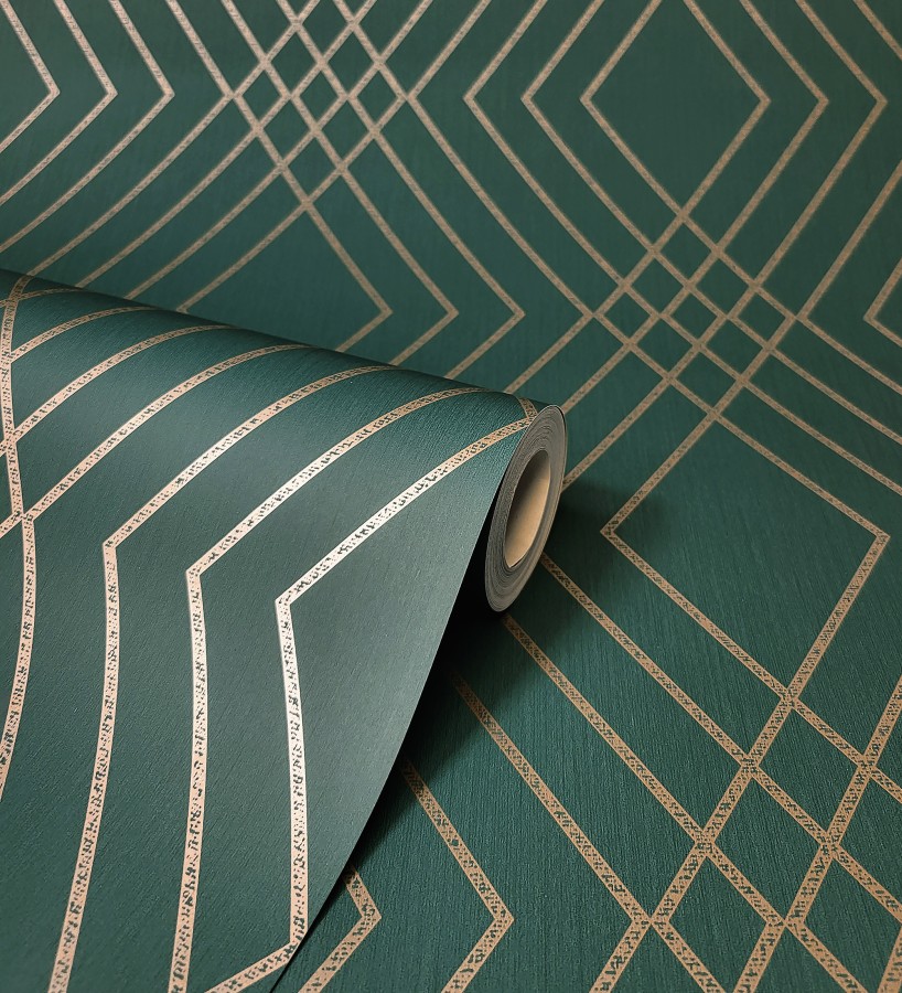 Papel pintado geométrico art déco fondo verde esmeralda con líneas doradas  Clark Modern 683541