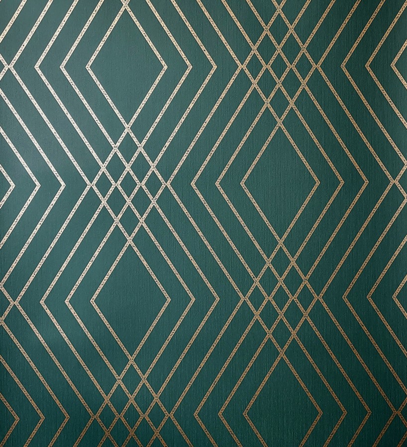 Papel pintado geométrico art déco fondo verde esmeralda con líneas doradas  Clark Modern 683541