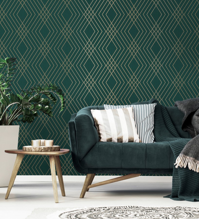 Papel pintado geométrico art déco fondo verde esmeralda con líneas doradas  Clark Modern 683541