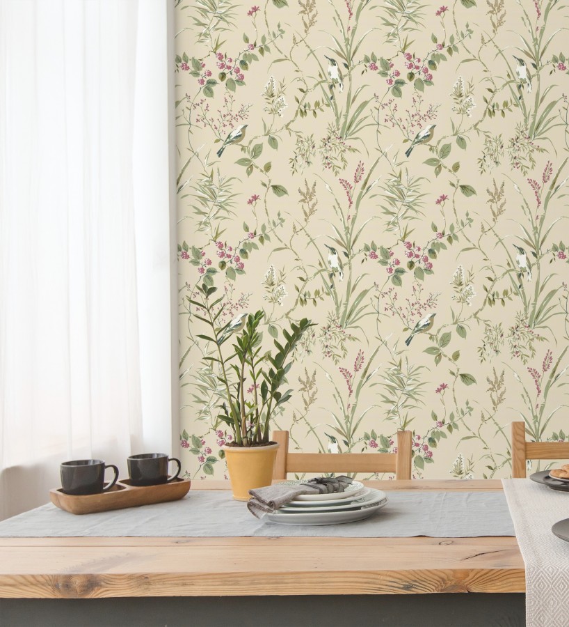 Papel pintado de ramas y pájaros estilo romántico fondo beige tostado  Alison Garden 683550