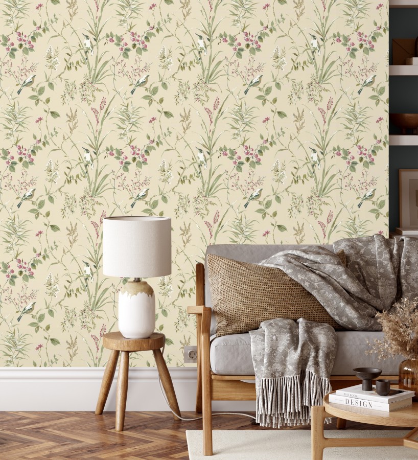 Papel pintado de ramas y pájaros estilo romántico fondo beige tostado  Alison Garden 683550
