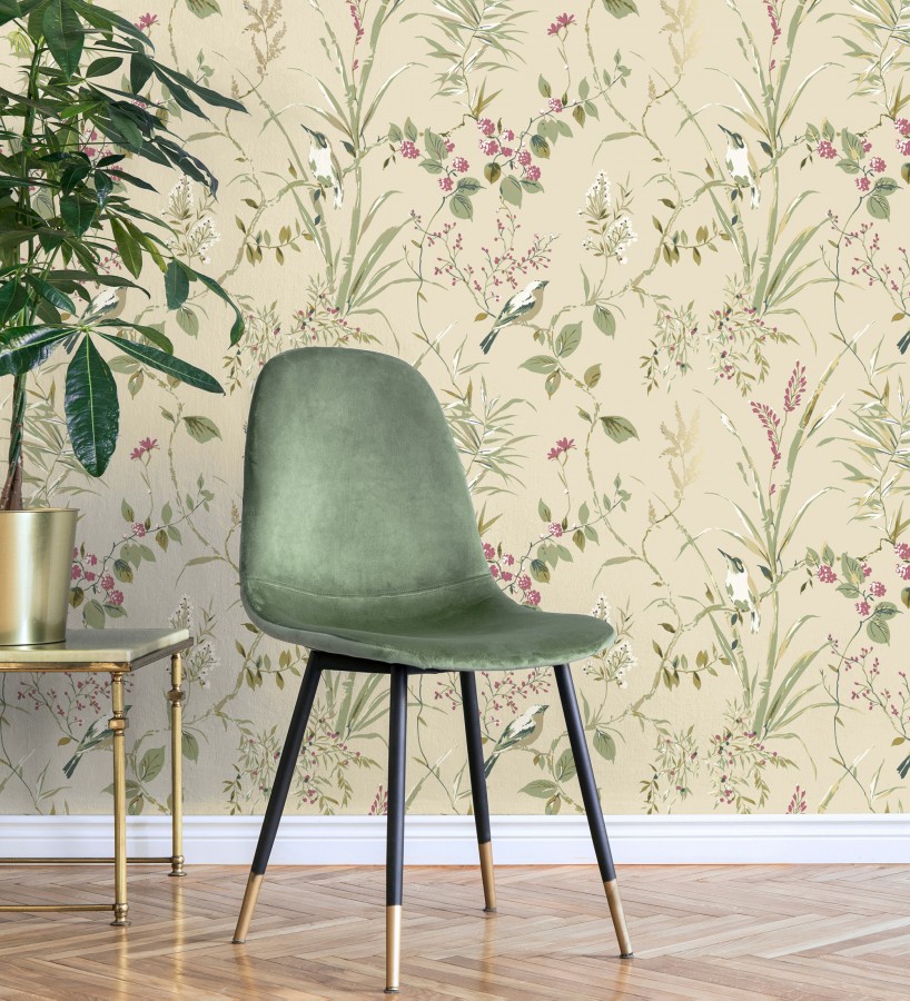 Papel pintado de ramas y pájaros estilo romántico fondo beige tostado  Alison Garden 683550