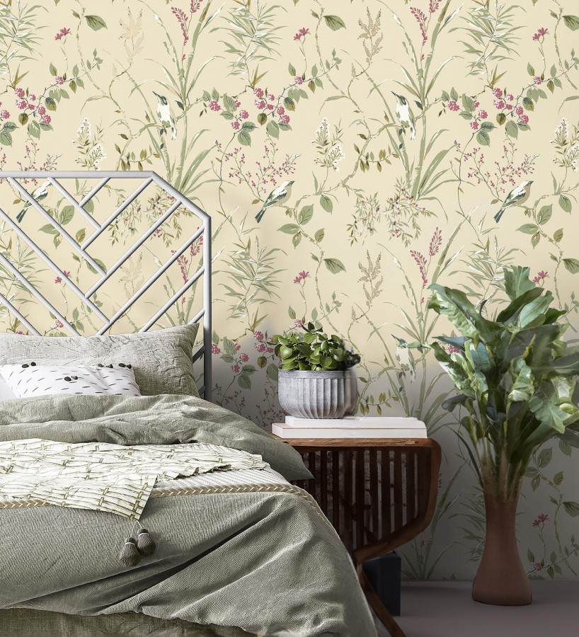 Papel pintado de ramas y pájaros estilo romántico fondo beige tostado  Alison Garden 683550