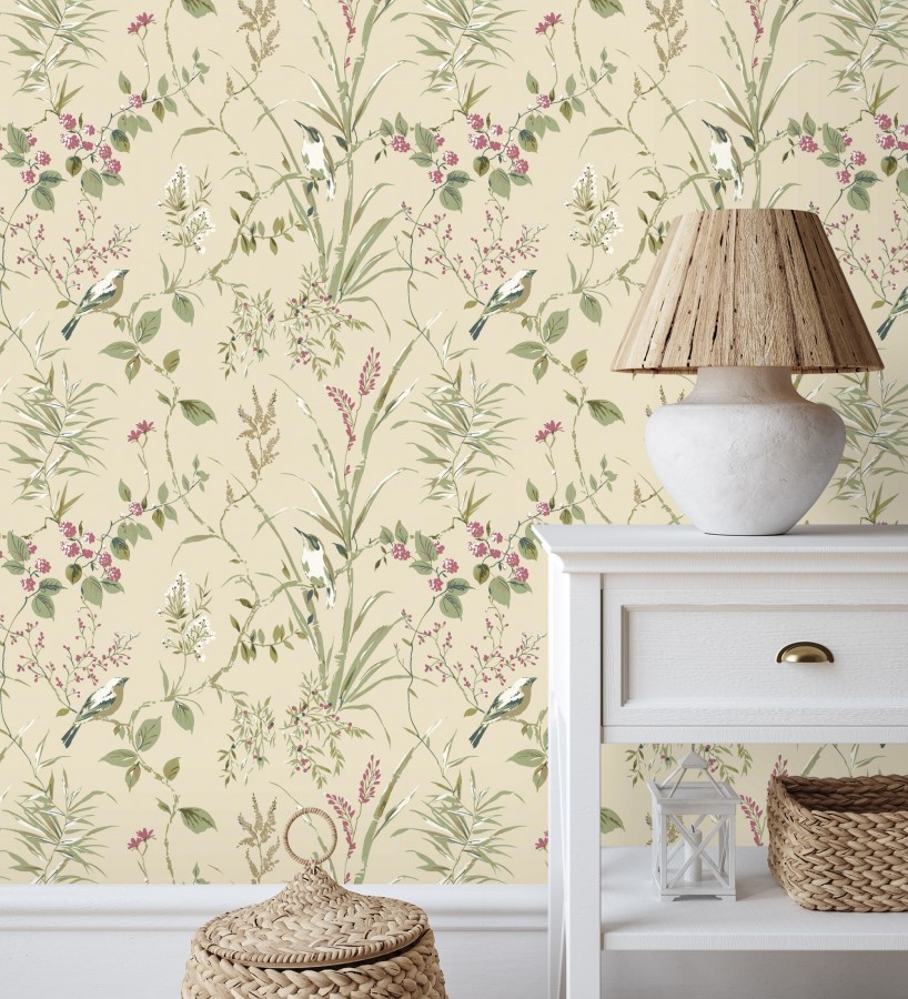 Papel pintado de ramas y pájaros estilo romántico fondo beige tostado  Alison Garden 683550