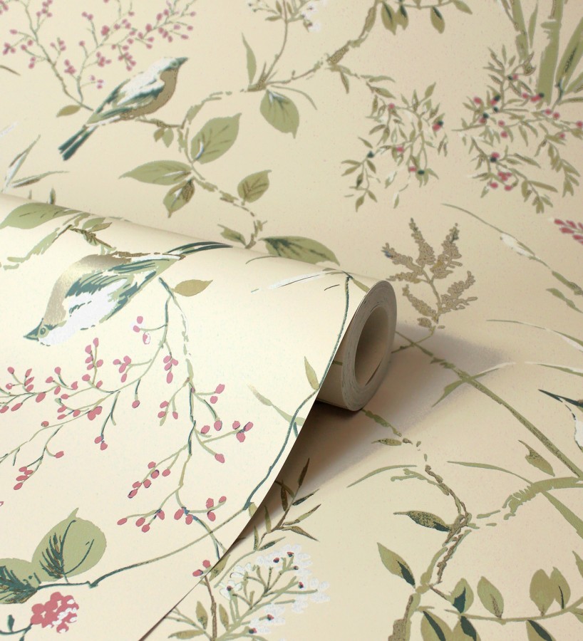 Papel pintado de ramas y pájaros estilo romántico fondo beige tostado  Alison Garden 683550
