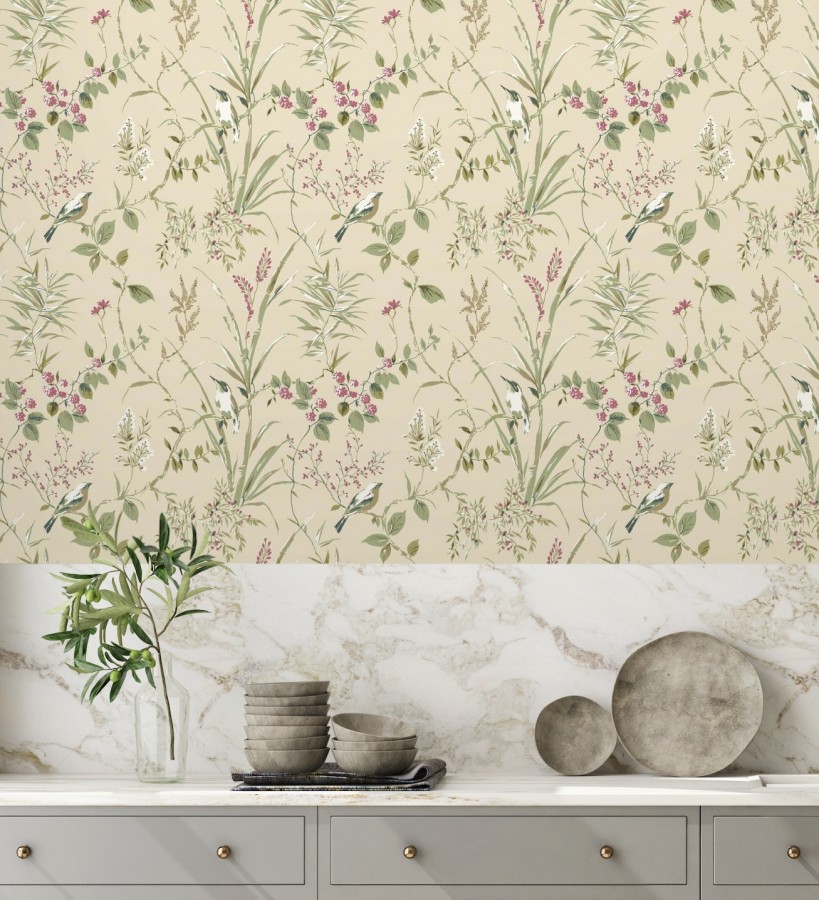 Papel pintado de ramas y pájaros estilo romántico fondo beige tostado  Alison Garden 683550