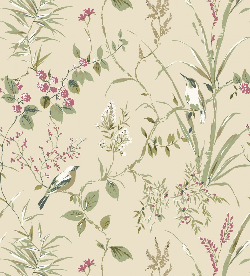 Papel pintado de ramas y pájaros estilo romántico fondo beige tostado  Alison Garden 683550