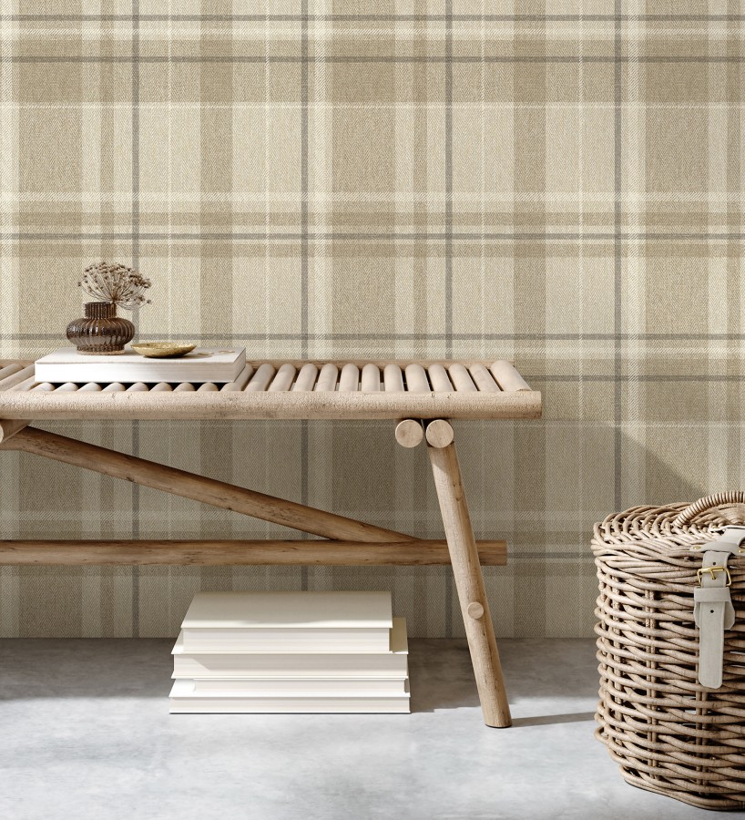 Papel pintado de cuadros escoceses fondo de espiga en tonos beige  Chevron Edward 683559