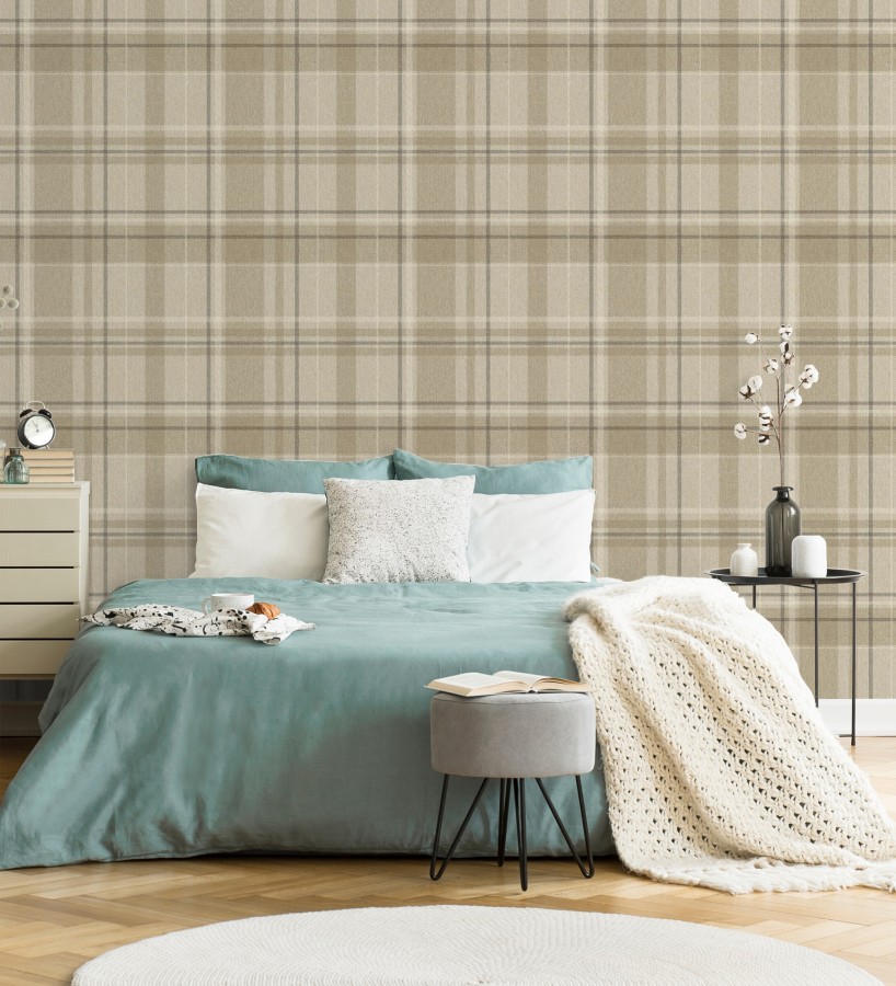 Papel pintado de cuadros escoceses fondo de espiga en tonos beige  Chevron Edward 683559