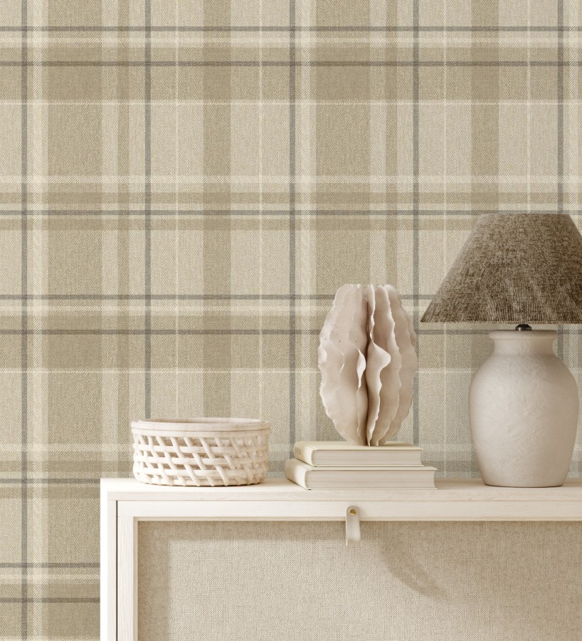 Papel pintado de cuadros escoceses fondo de espiga en tonos beige  Chevron Edward 683559