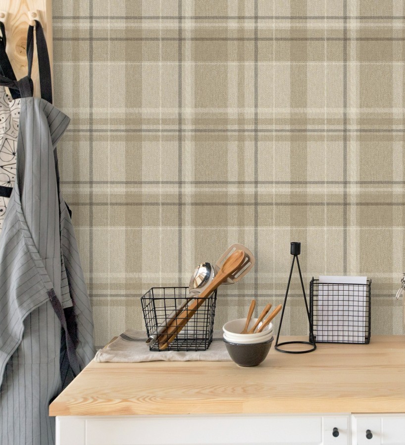 Papel pintado de cuadros escoceses fondo de espiga en tonos beige  Chevron Edward 683559