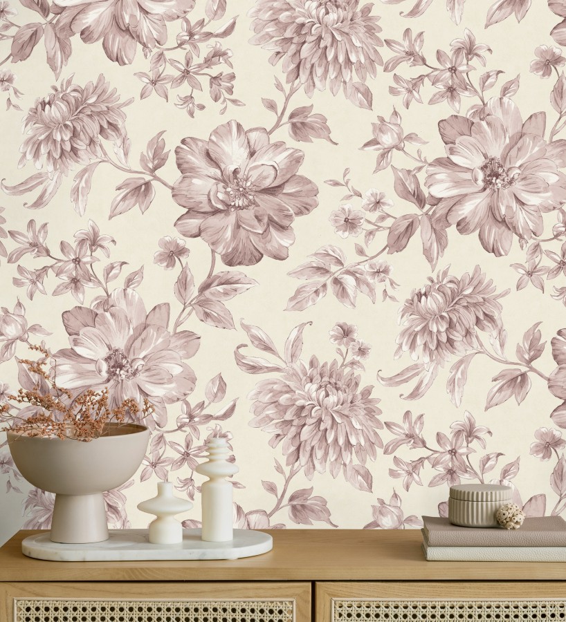 Papel pintado floral vintage tonos rosa empolvado y beige  Rosette Dream 683607