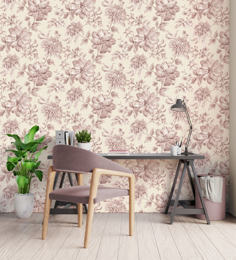 Papel pintado floral vintage tonos rosa empolvado y beige  Rosette Dream 683607