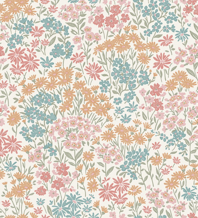 Papel pintado de flores silvestres celeste turquesa coral sobre fondo beige con textura  Spring Melody 683418