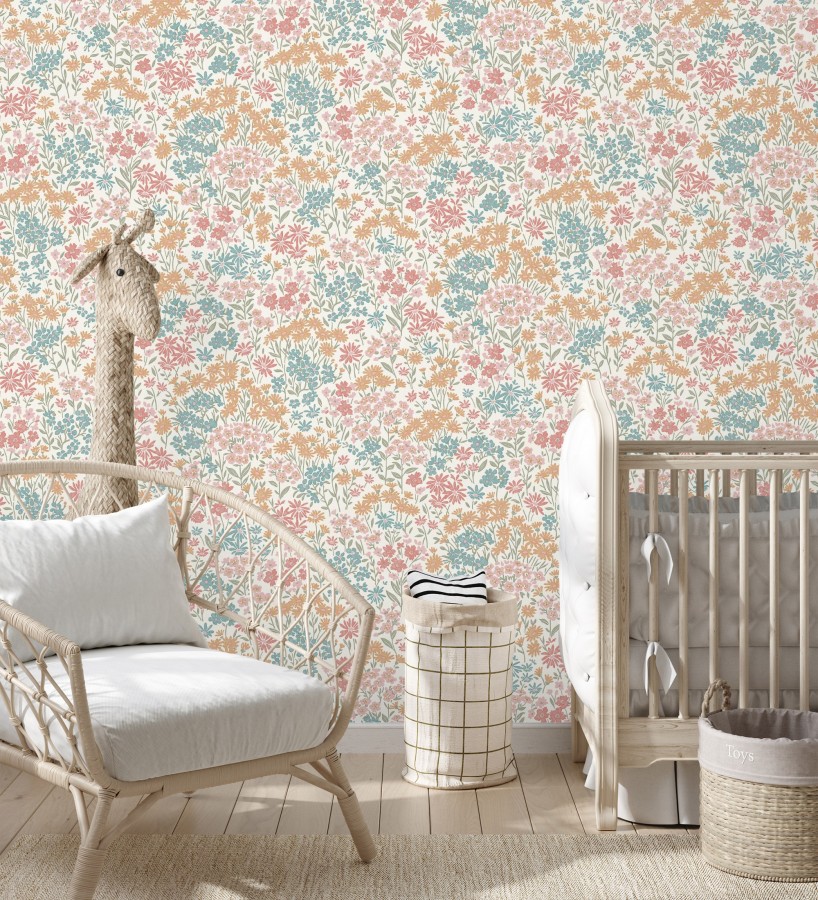 Papel pintado de flores silvestres celeste turquesa coral sobre fondo beige con textura  Spring Melody 683418