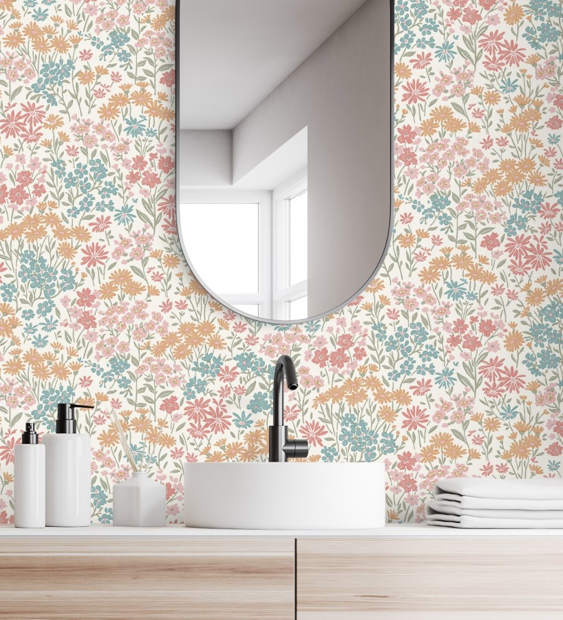 Papel pintado de flores silvestres celeste turquesa coral sobre fondo beige con textura  Spring Melody 683418