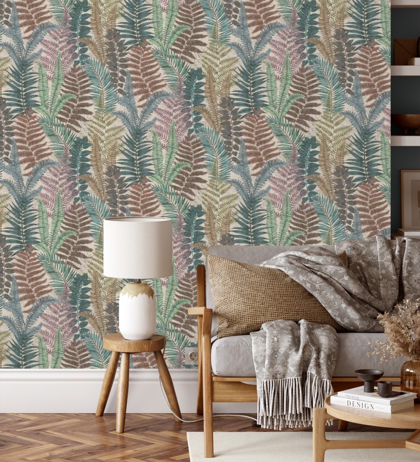 Papel pintado botánico de helechos con tonos tierra y verde  Maui Paradise 683308