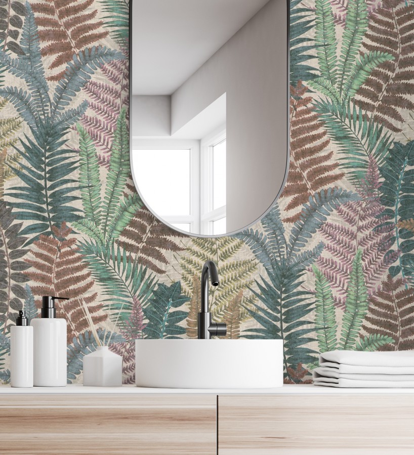 Papel pintado botánico de helechos con tonos tierra y verde  Maui Paradise 683308