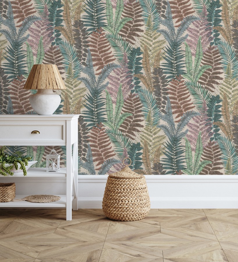 Papel pintado botánico de helechos con tonos tierra y verde  Maui Paradise 683308