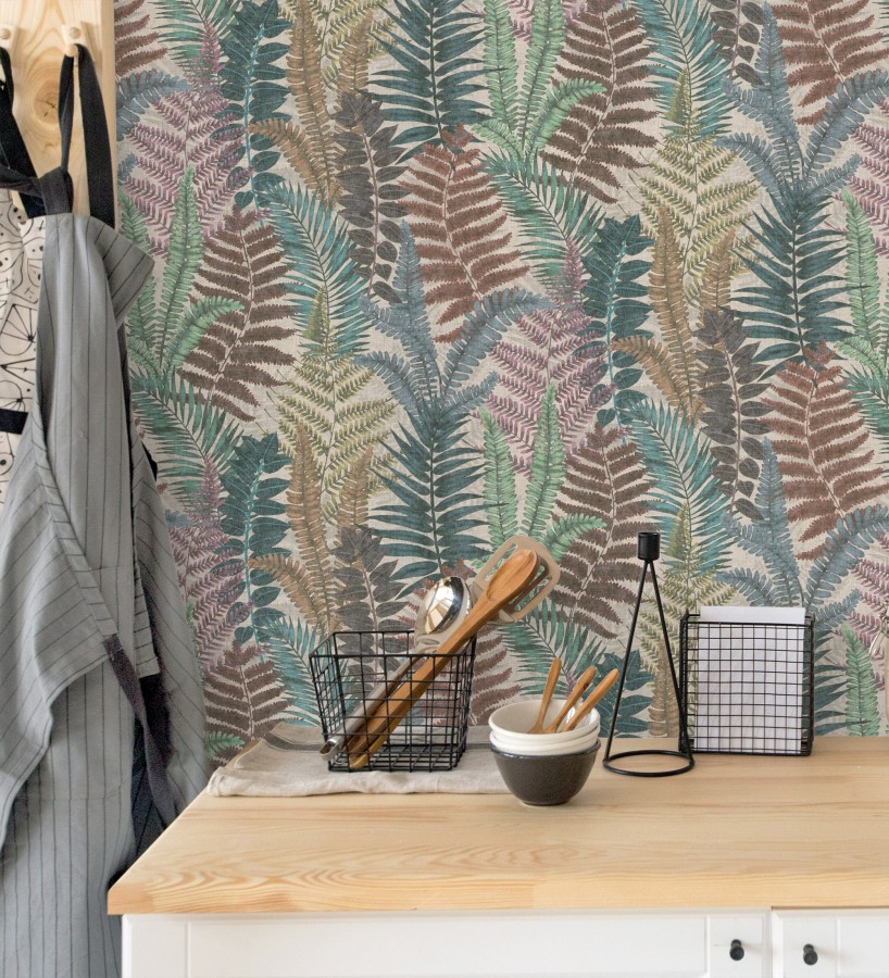 Papel pintado botánico de helechos con tonos tierra y verde  Maui Paradise 683308