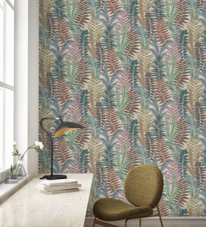 Papel pintado botánico de helechos con tonos tierra y verde  Maui Paradise 683308
