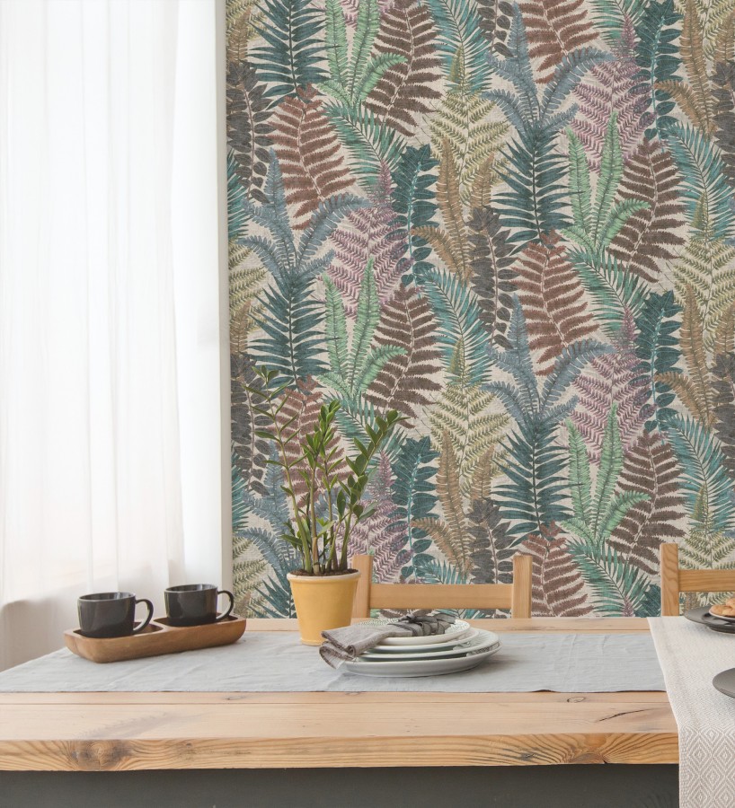 Papel pintado botánico de helechos con tonos tierra y verde  Maui Paradise 683308